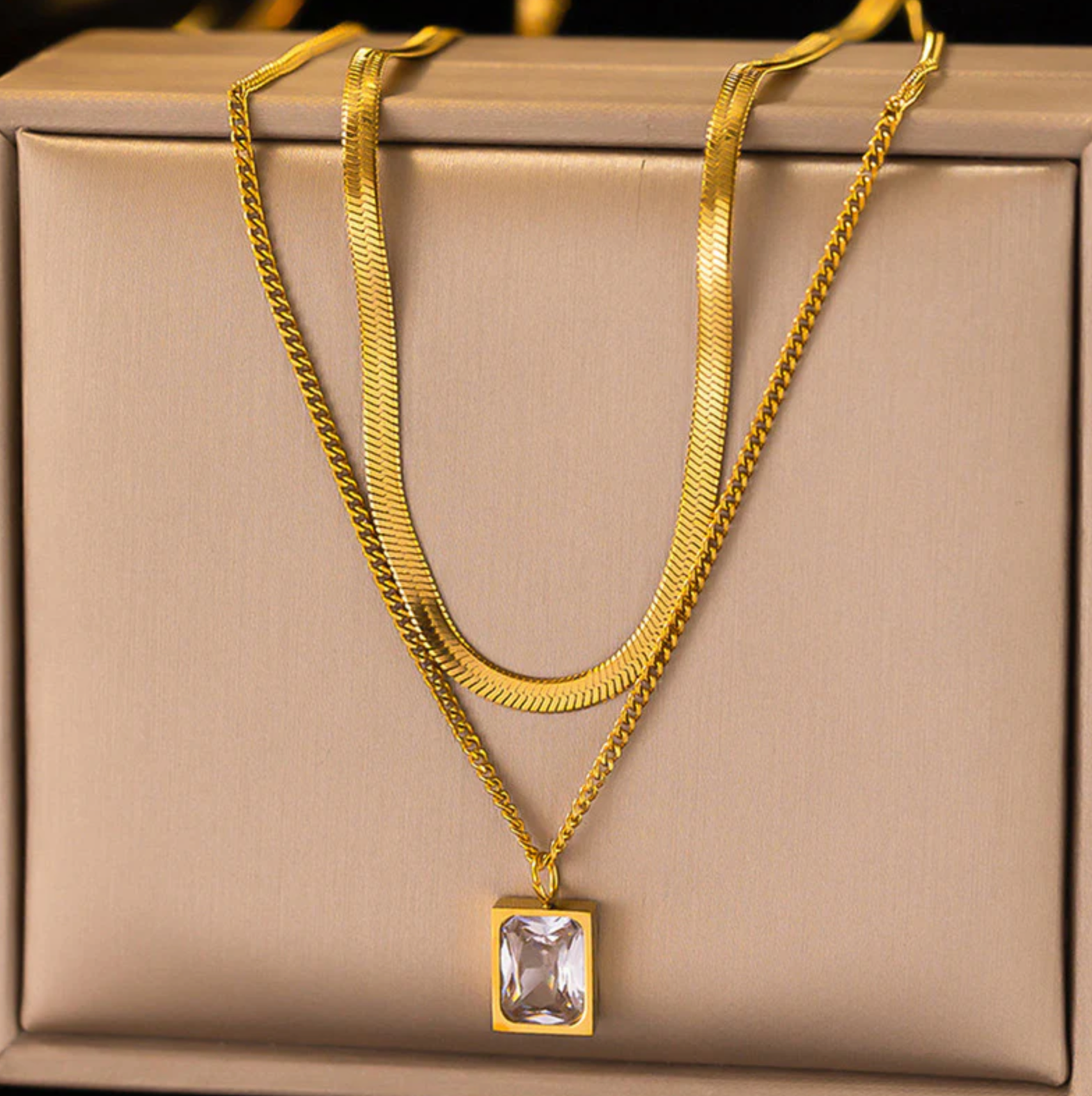 White Emerald Geometric Layered Necklace