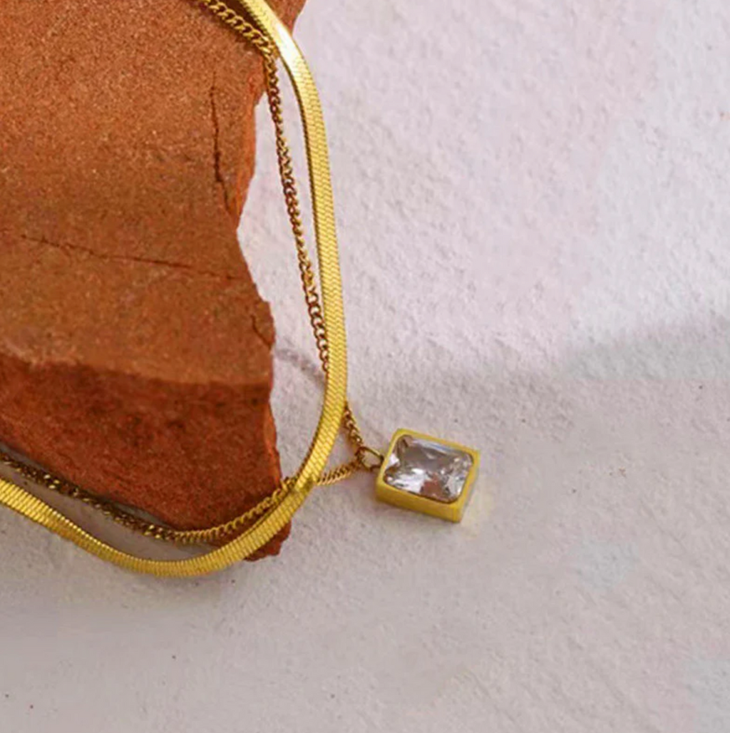 White Emerald Geometric Layered Necklace