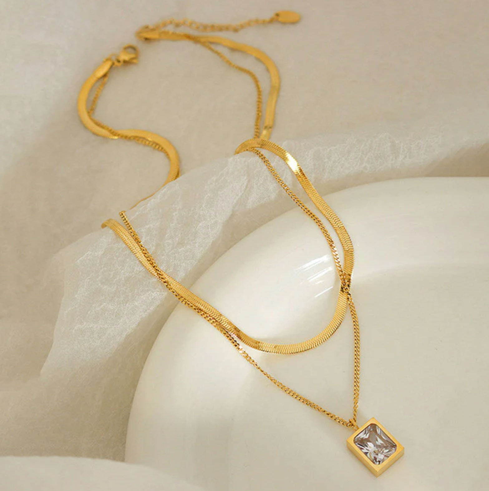 White Emerald Geometric Layered Necklace