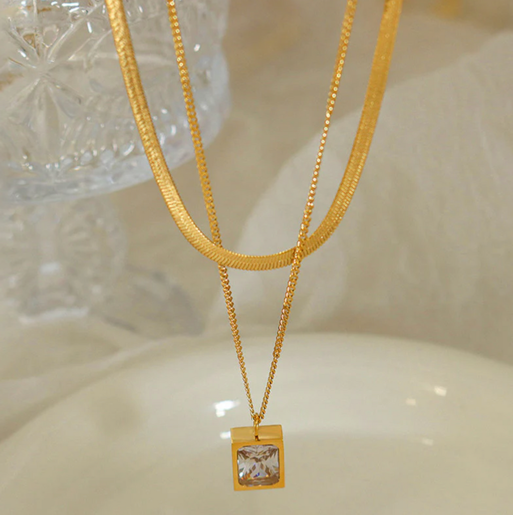 White Emerald Geometric Layered Necklace