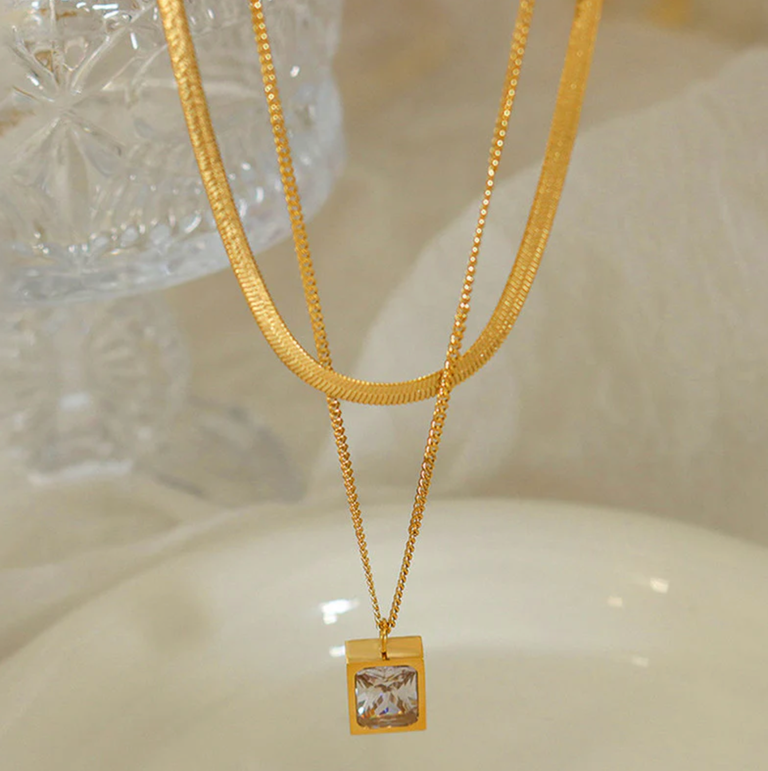 White Emerald Geometric Layered Necklace